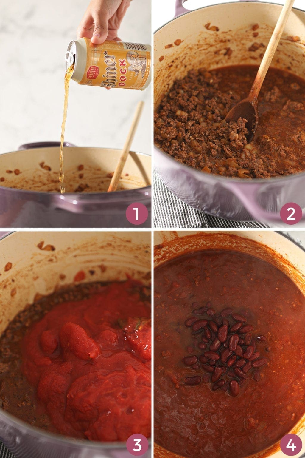 A collage of four images shows when to add the beer and what the chili should look like as it thickens in the pot