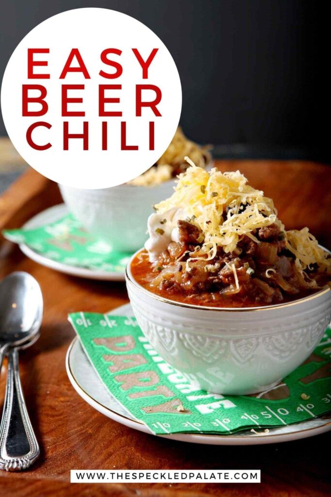 Pinterest image for Shiner Bock Beer Chili, featuring two bowls from the side with text