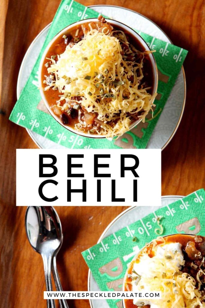 Pinterest image for Shiner Bock Beer Chili, featuring two bowls from above