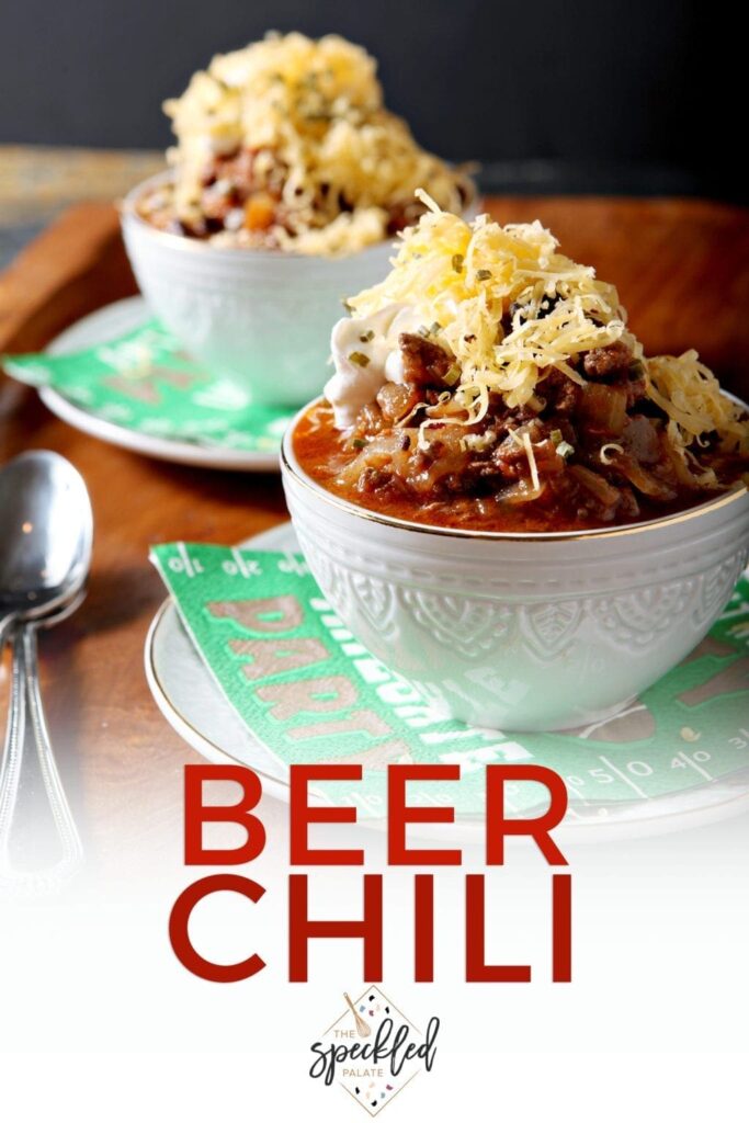 Pinterest image for Shiner Bock Beer Chili, featuring two bowls dressed from a 45 degree angle