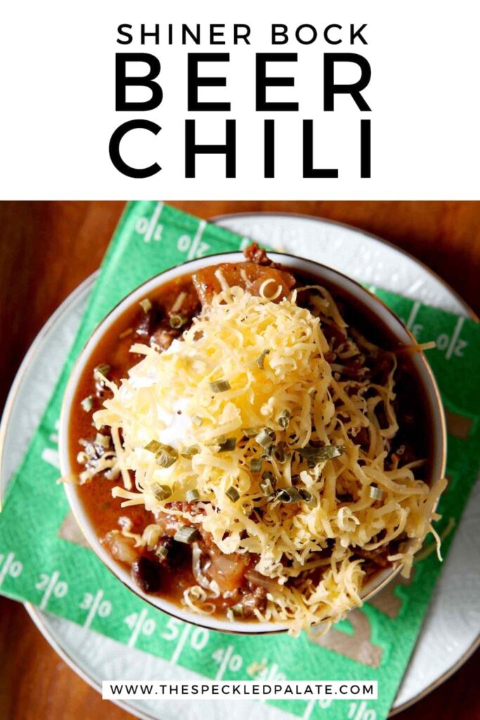 Pinterest image for Shiner Bock Beer Chili, featuring a closeup of a singular bowl from above