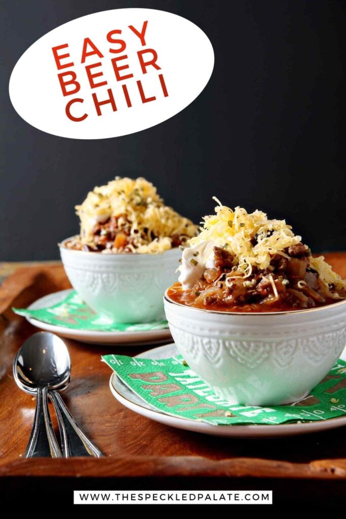 Pinterest image for Shiner Bock Beer Chili, featuring two bowls from straight on