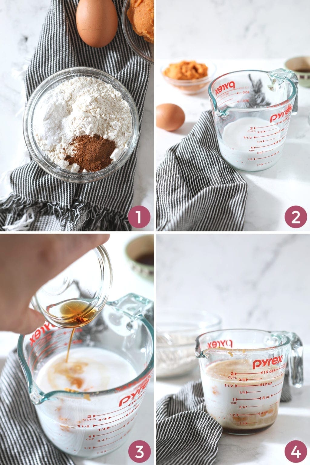 A collage of four photos shows how to combine the ingredients to make the pancake batter