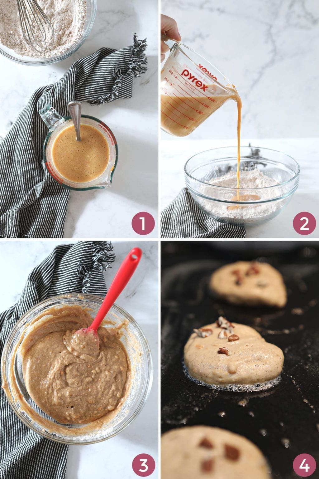 A collage of four photos shows how to combine the ingredients to make the pancake batter, as well as how to cook it on a griddle