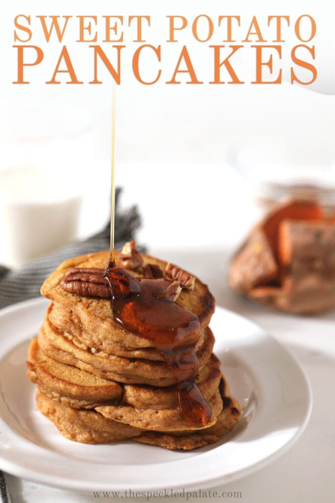 Close up of maple syrup being drizzled onto a stack of Sweet Potato Pancakes, with Pinterest text