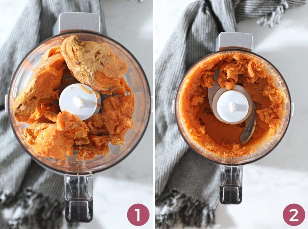 Collage showing the before and after of making the sweet potato puree