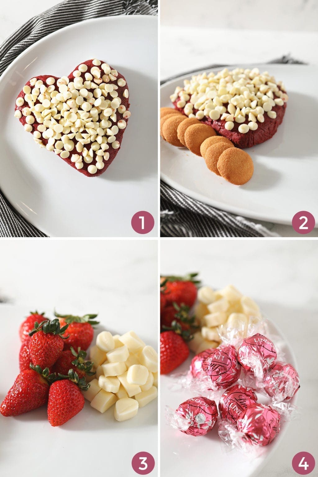 A collage of four images shows how to place ingredients onto the tray to make the board