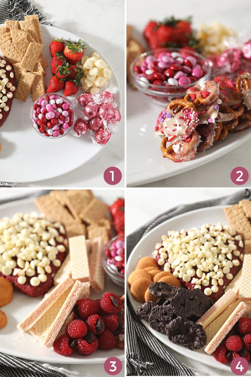 A collage of four images shows how to fill in the holes on the board and how to finish the dessert display