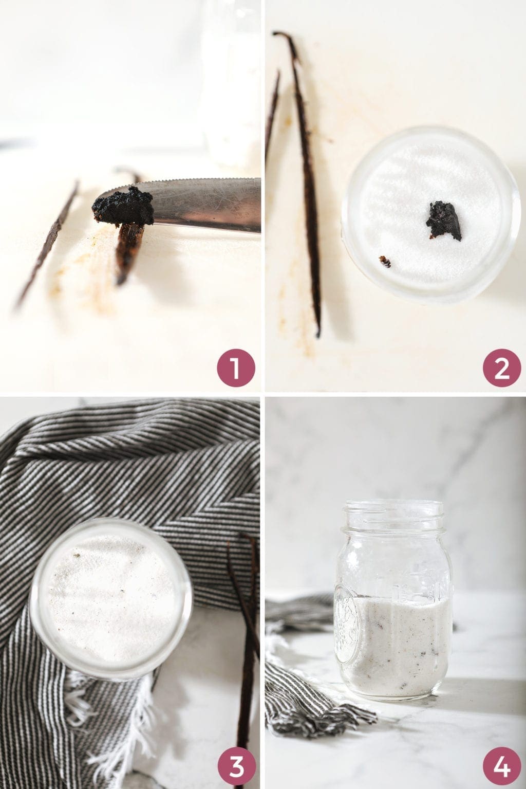 A collage of four images shows how to make vanilla sugar from scratch