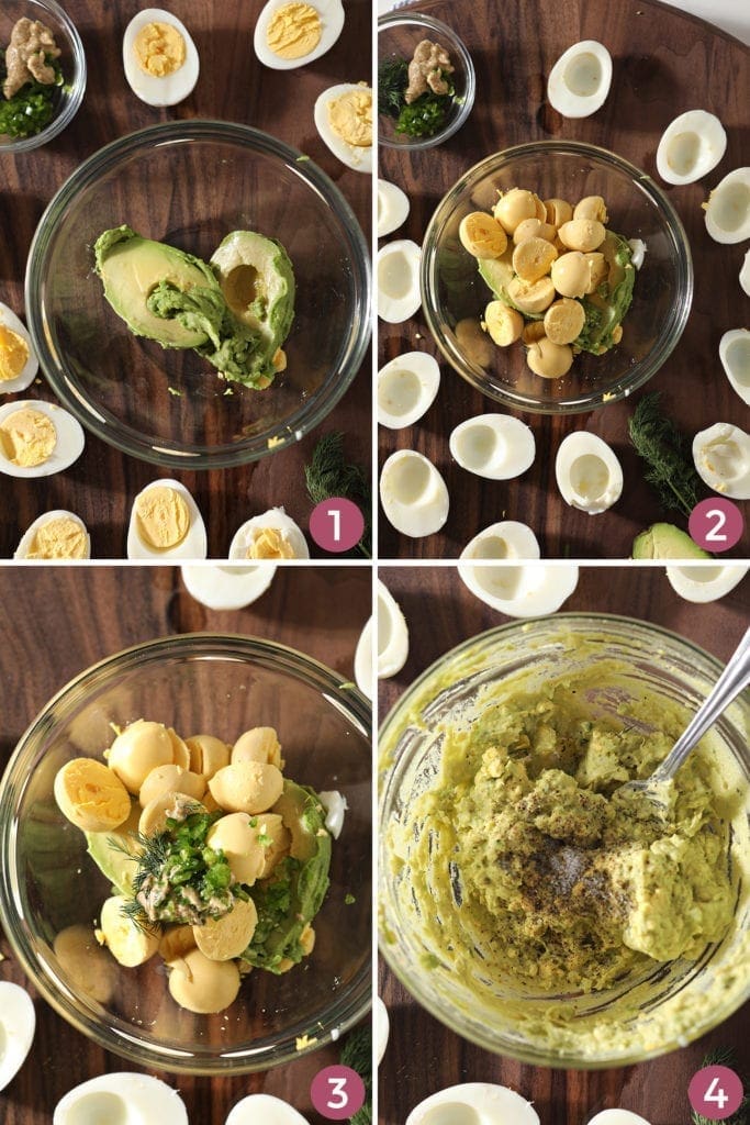 Collage of four images showing the addition of avocados, egg yolks and more to make the filling