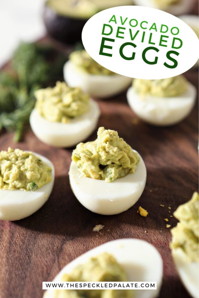 Close up of Avocado Deviled Eggs on a wal