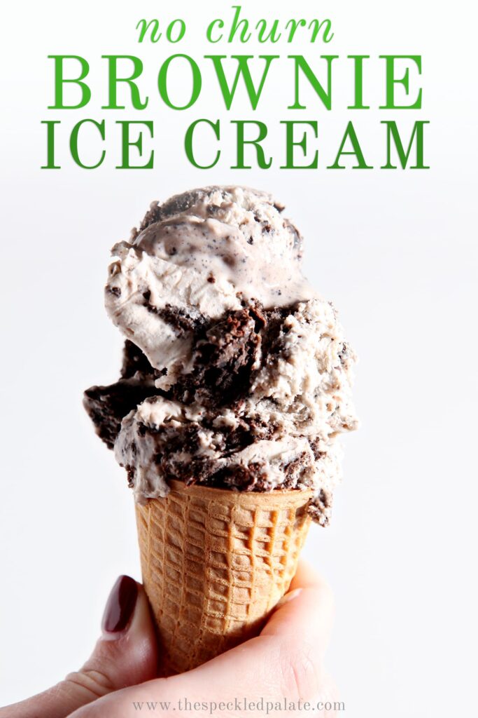 A woman holds a cone of brownie ice cream, close up, with Pinterest text