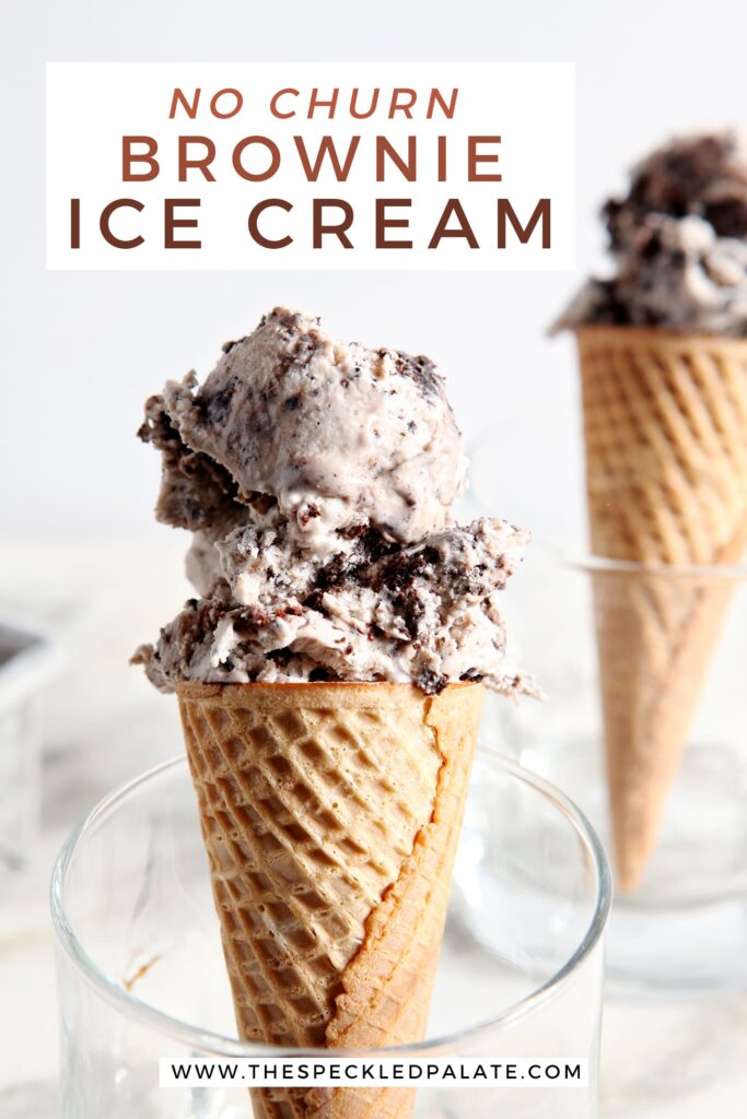 Close up of two scoops of brownie ice cream on cones, with Pinterest text