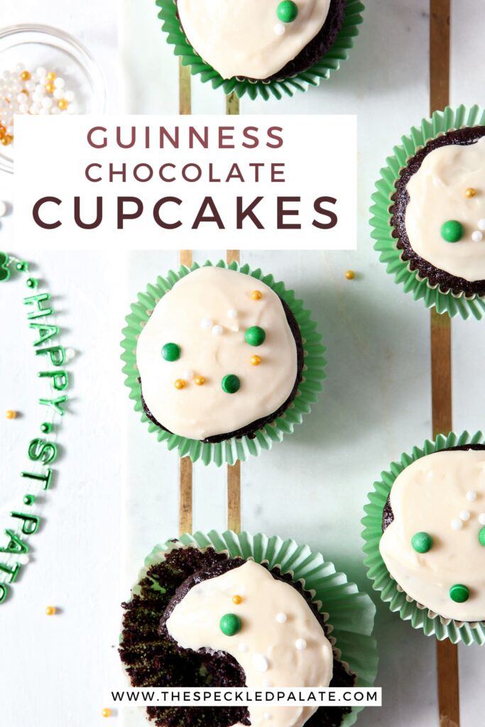 Overhead of decorated Guinness Cupcakes, with Pinterest text