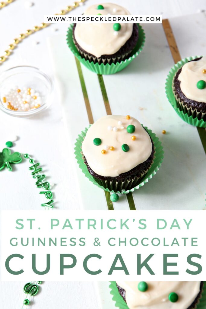 Overhead of decorated Chocolate Guinness Cupcakes, before consuming, with Pinterest text