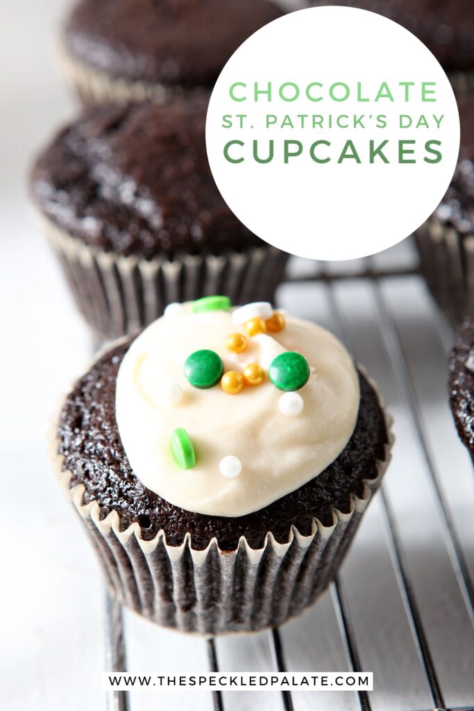 Close up of an iced and decorated cupcake, with Pinterest text