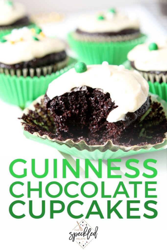 Close up of a bitten into Chocolate Guinness Cupcake, with Pinterest text