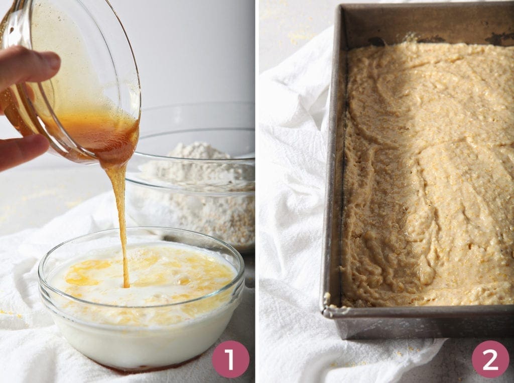 Collage of two images showing how to mix ingredients and what the cornbread should look like before it goes into the oven