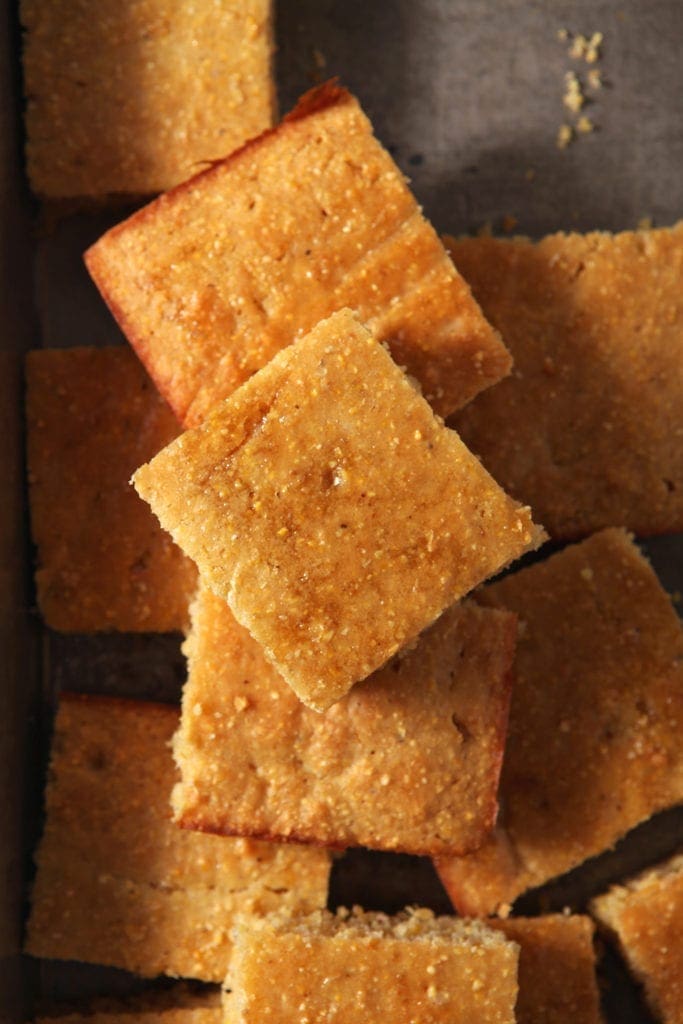 Close up of Honey Cornbread, stacked, from above