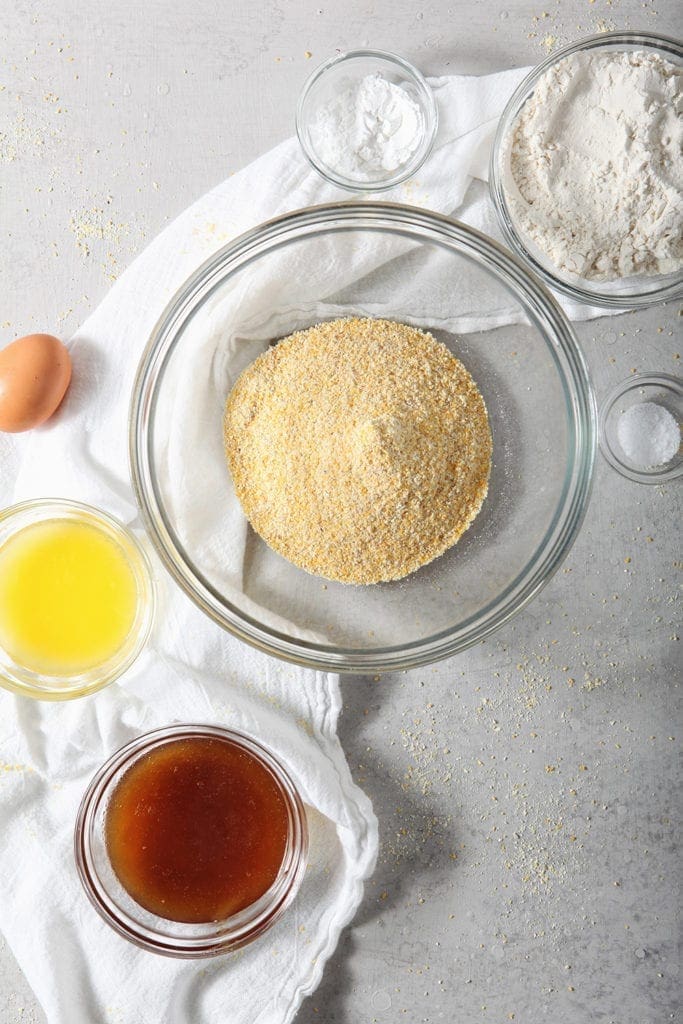 Cornmeal and other ingredients in bowls, from above