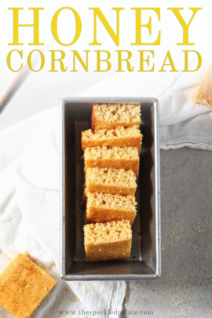 Cornbread, stacked in a baking dish, is shown with chili and ingredients from above, with Pinterest text