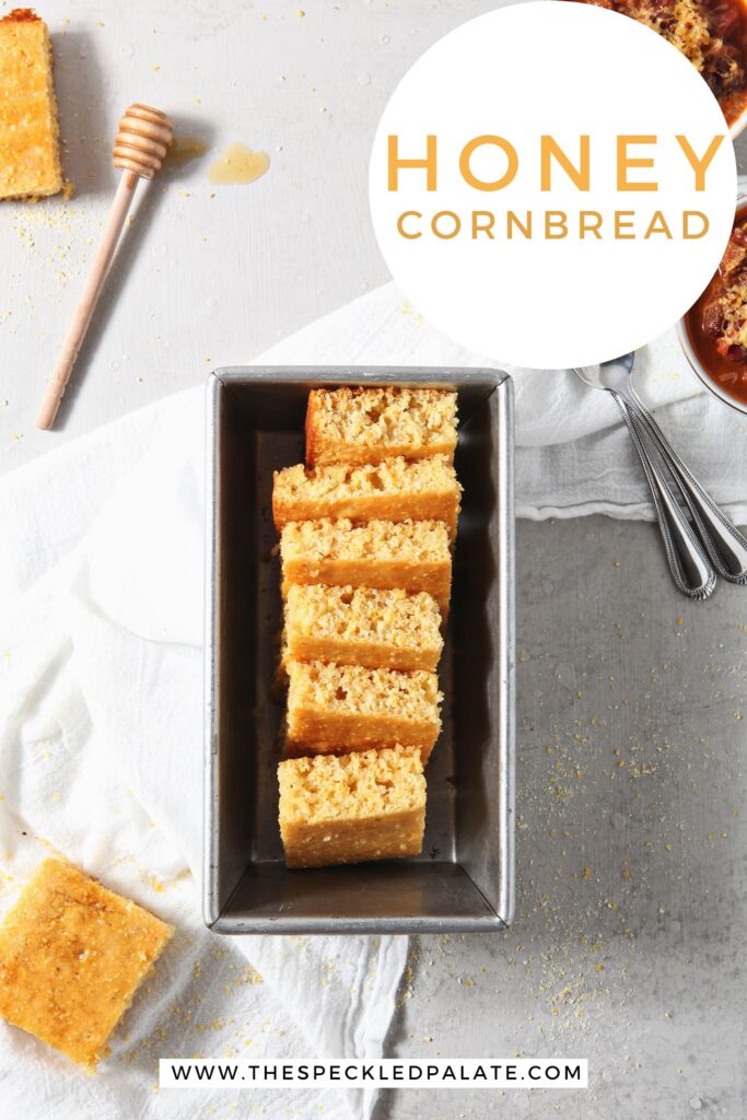 Cornbread, stacked in a baking dish, is shown with chili and ingredients from above, with Pinterest text