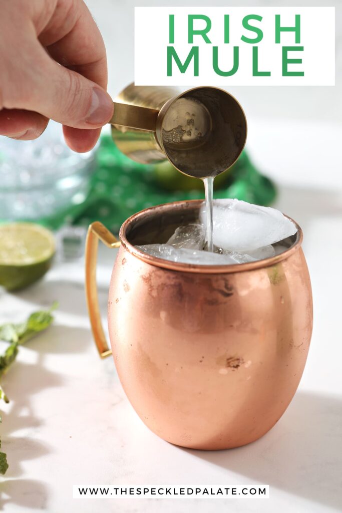 Ginger beer is poured into a copper mug, with Pinterest text