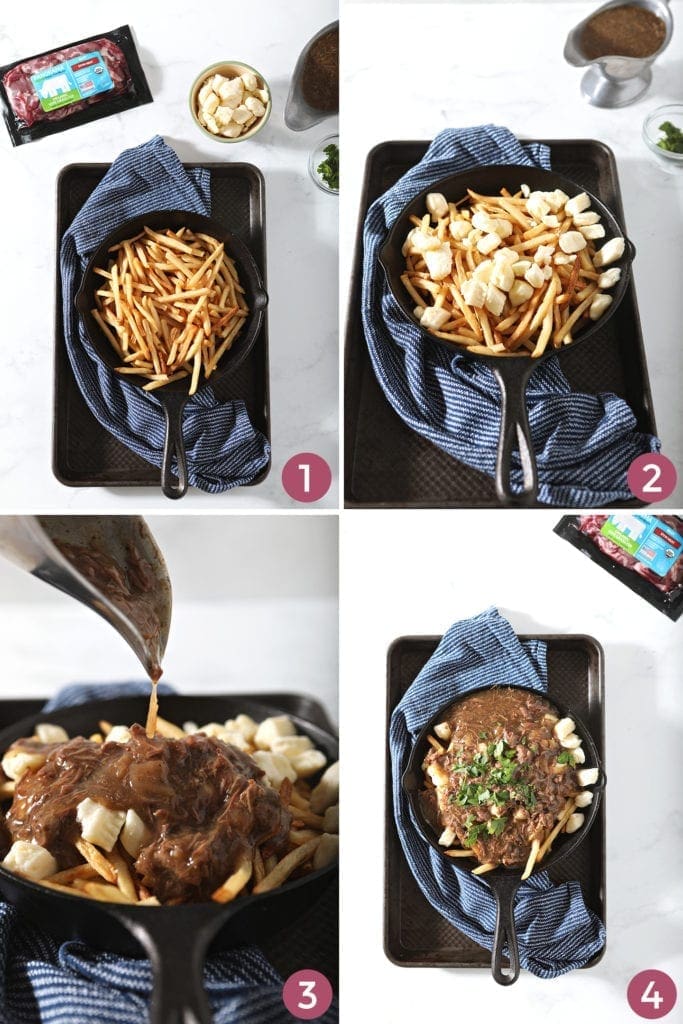 Collage showing how to assemble Canadian poutine fries