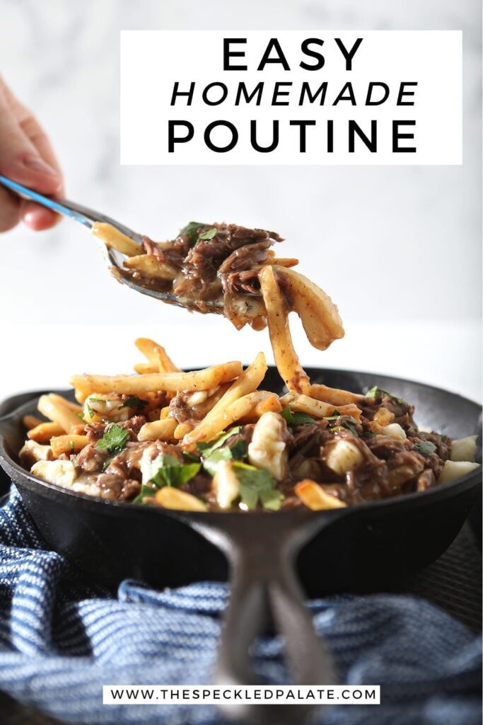 A spoon pulls poutine fries and gravy out of a skillet, with Pinterest text