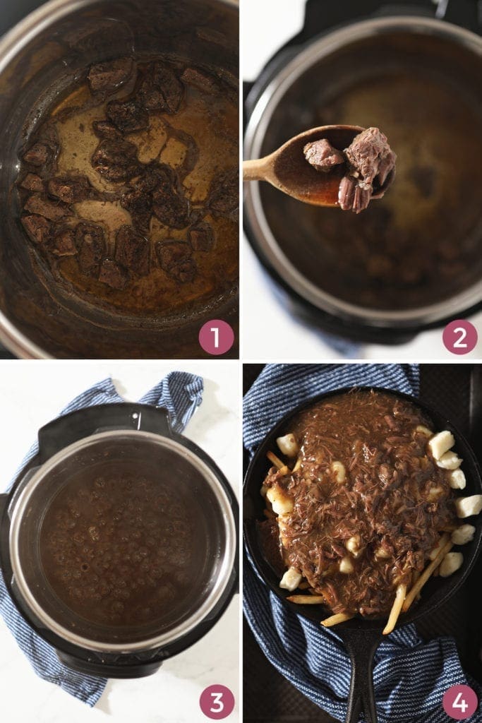 Collage of four images showing how to make the poutine gravy