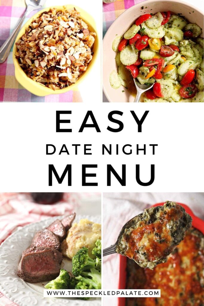 Collage of four images illustrating dishes for an At Home Date Night, with text