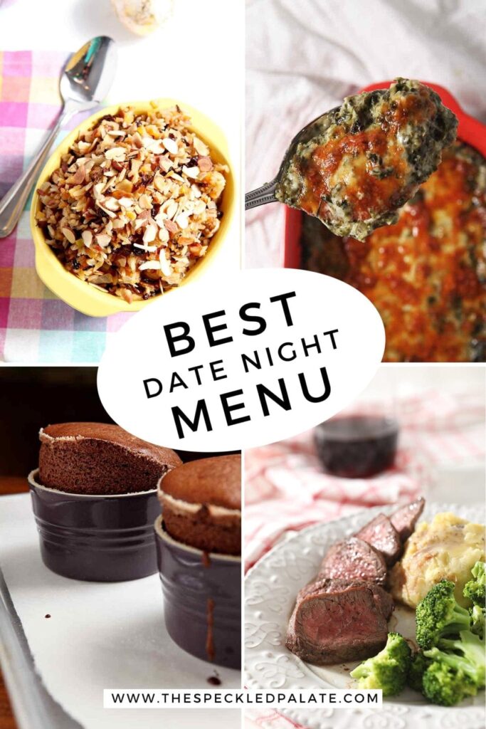 Collage of four images illustrating dishes for an At Home Date Night, with text