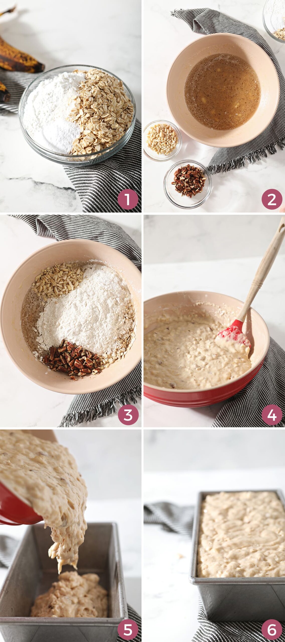 Collage of dry ingredients that go into making the bread, including six images showing step by step how to make it