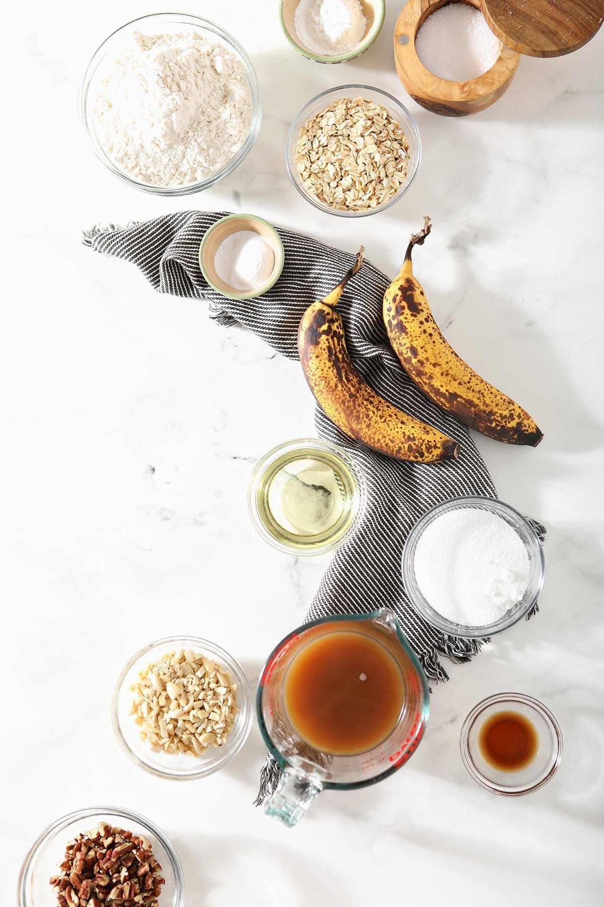 Ingredients for the homemade eggless bread are shown from above