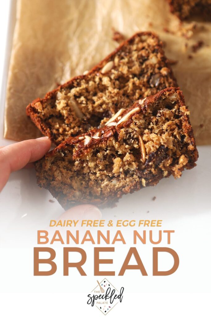 A woman grabs a slice of Eggless Banana Bread, close up, with Pinterest text