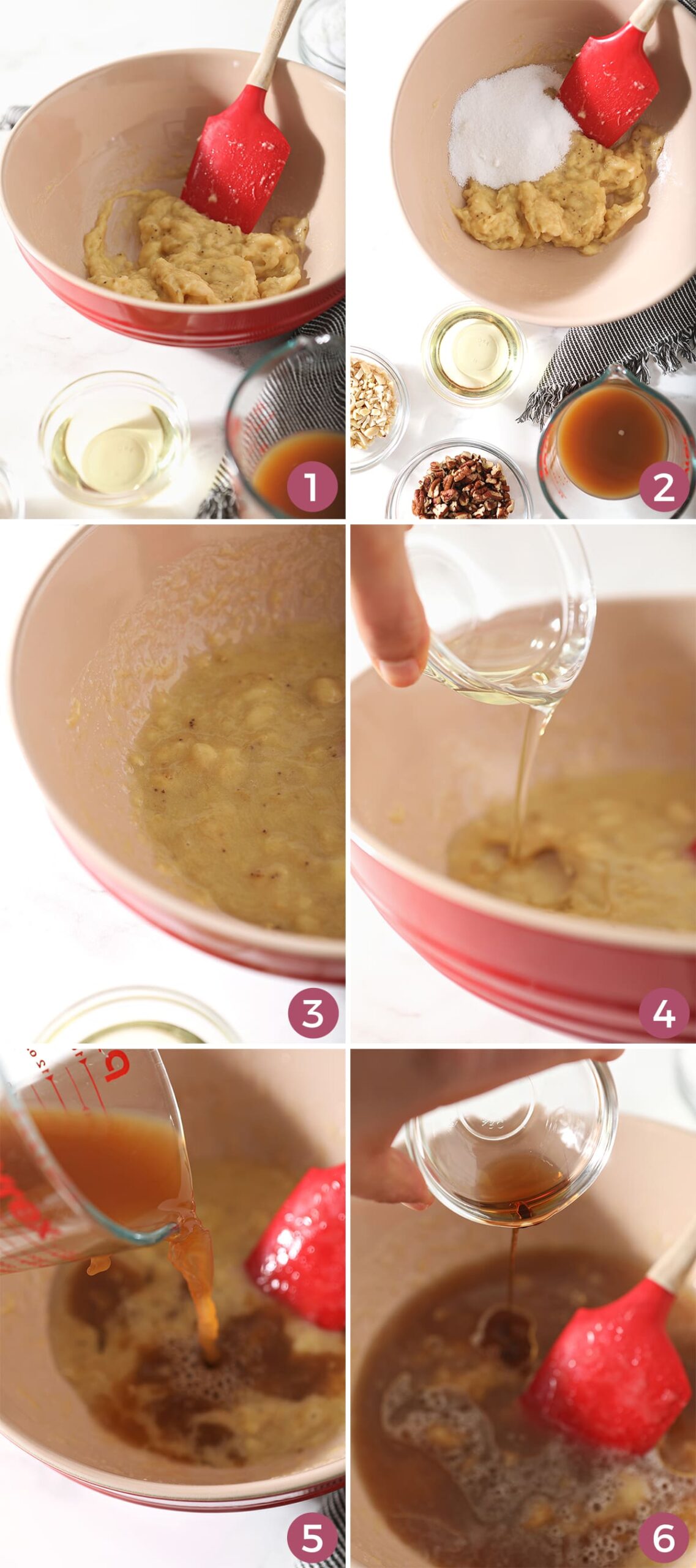 Collage of wet ingredients that go into making the bread, including six images showing step by step how to make it