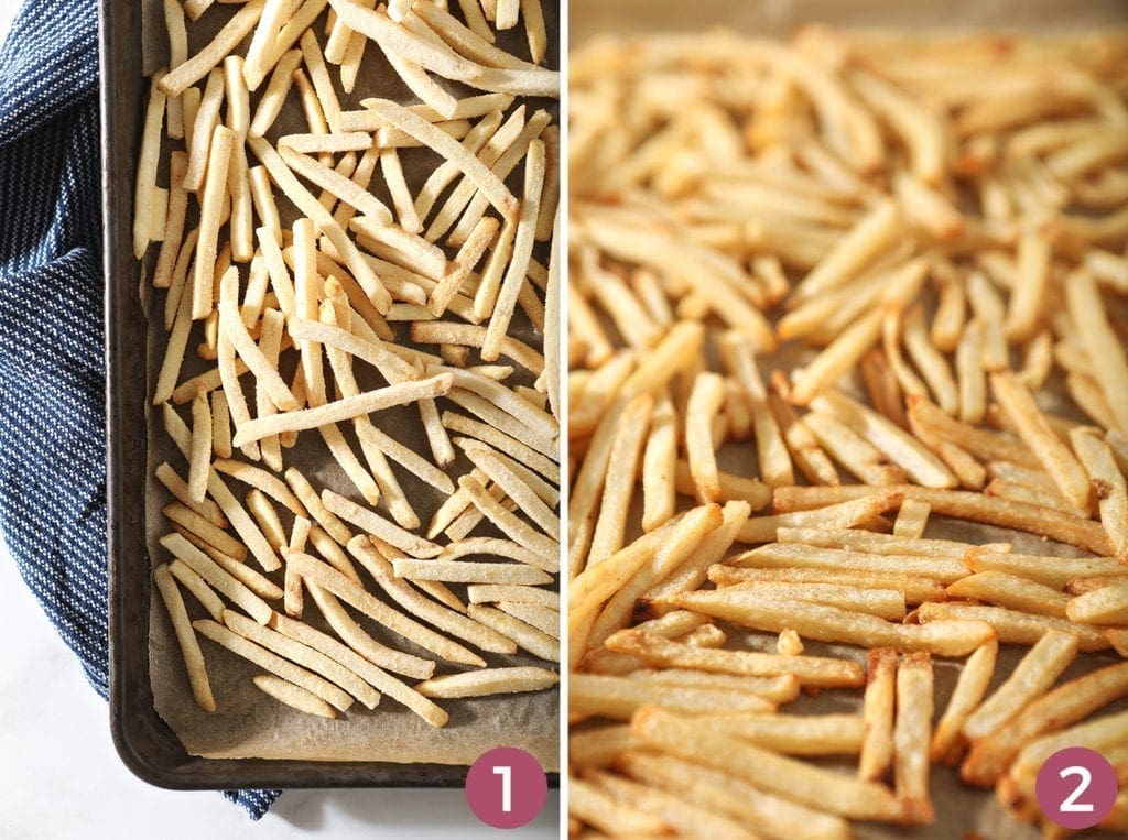 Collage of two images showing  french fries, before and after baking