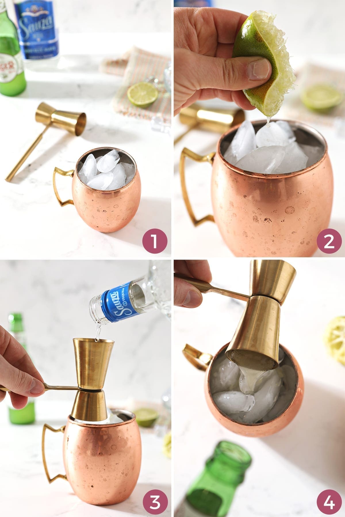 Collage of four images showing how to mix a Moscow Mule with tequila