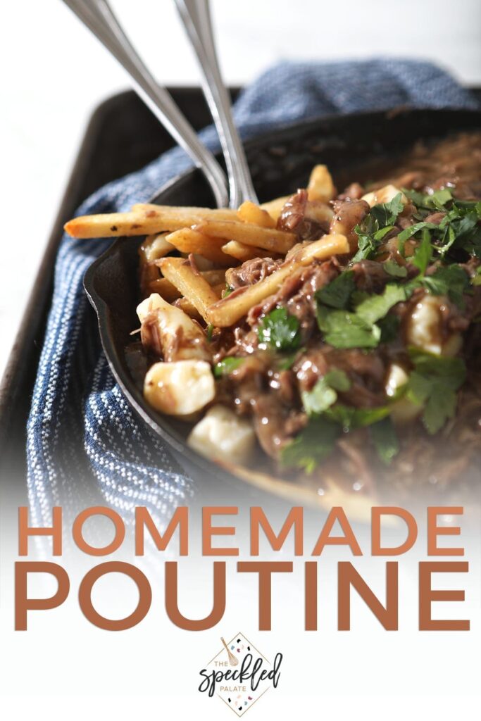 Close up of a skillet of Beef Poutine Fries and Gravy with Pinterest text