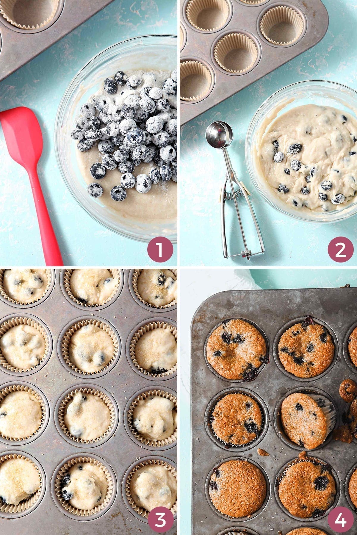 Collage of four images showing how to make Vegan Blueberry Muffins