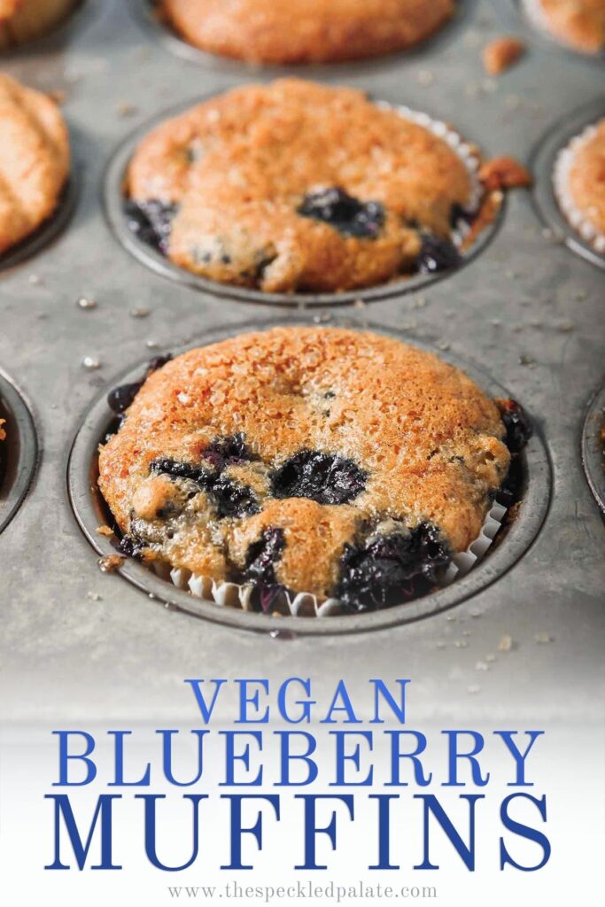 Vegan Blueberry Muffins in a tin, with Pinterest text