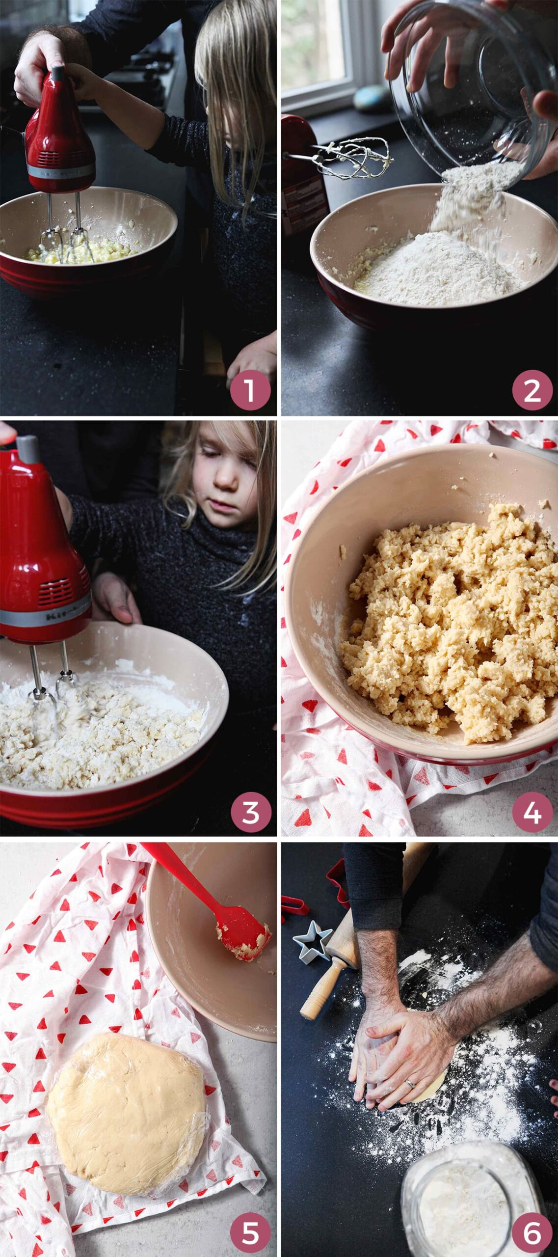 A collage of six images shows how to mix and form the cookies before they are baked