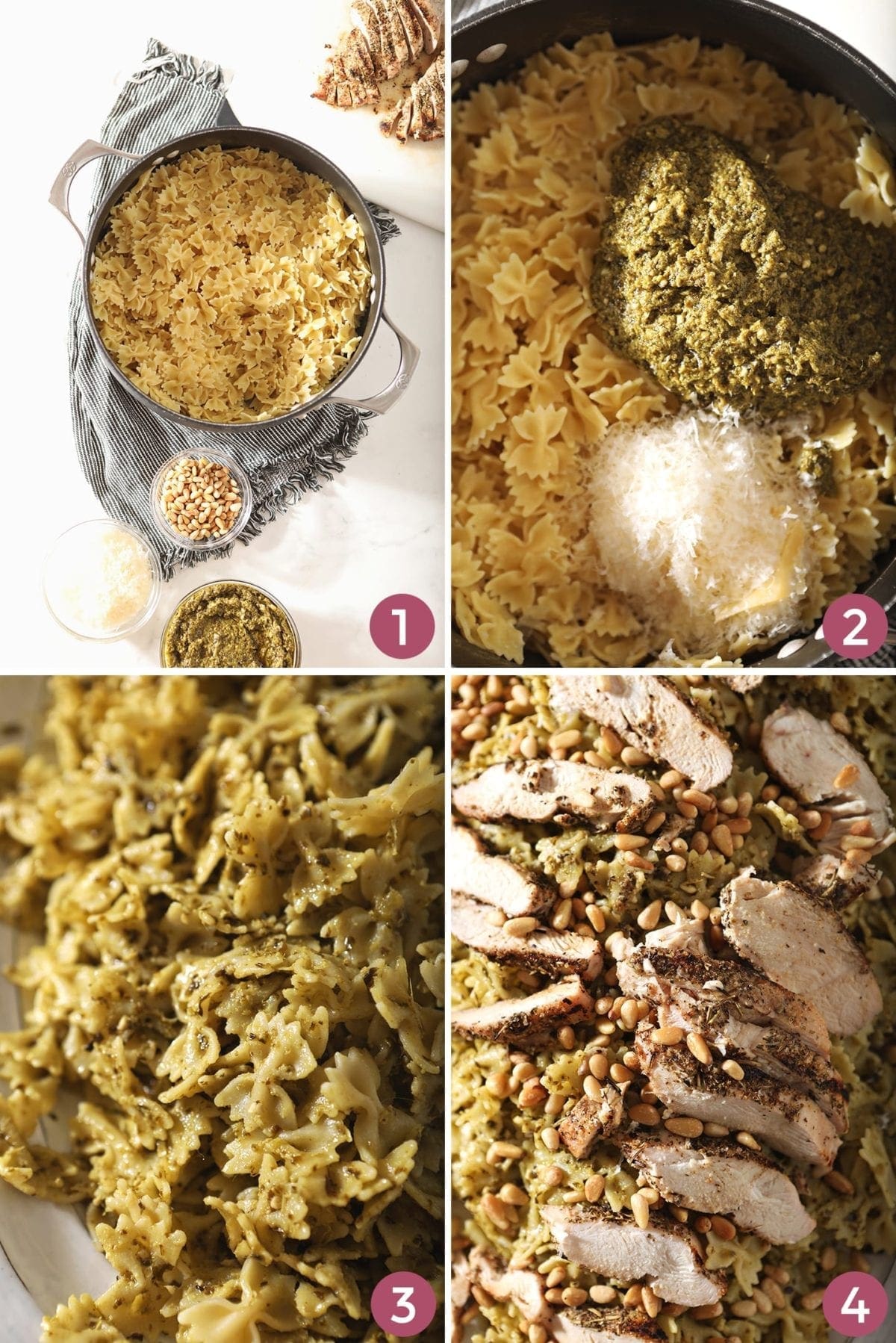 Collage of four images showing how to put together the pesto salad with chicken