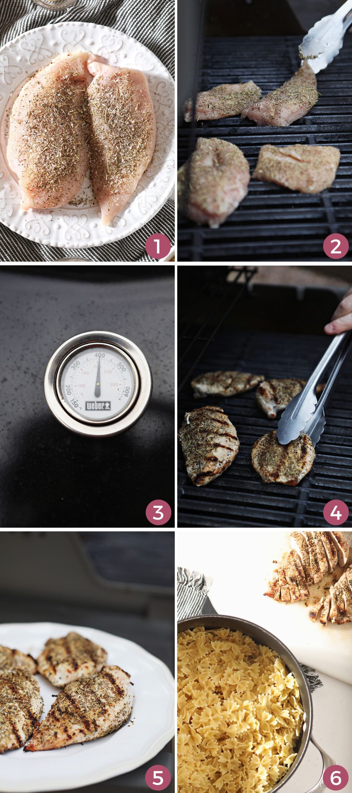 A collage of six images showing how to grill chicken