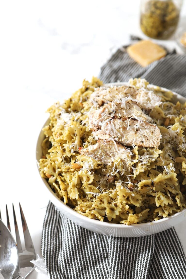 A bowl of Chicken Pesto Pasta, from the side