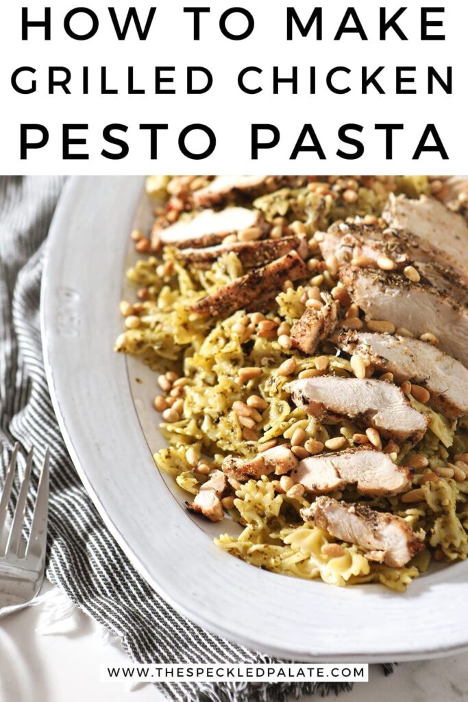 A platter holds the Chicken Pesto Pasta, before serving