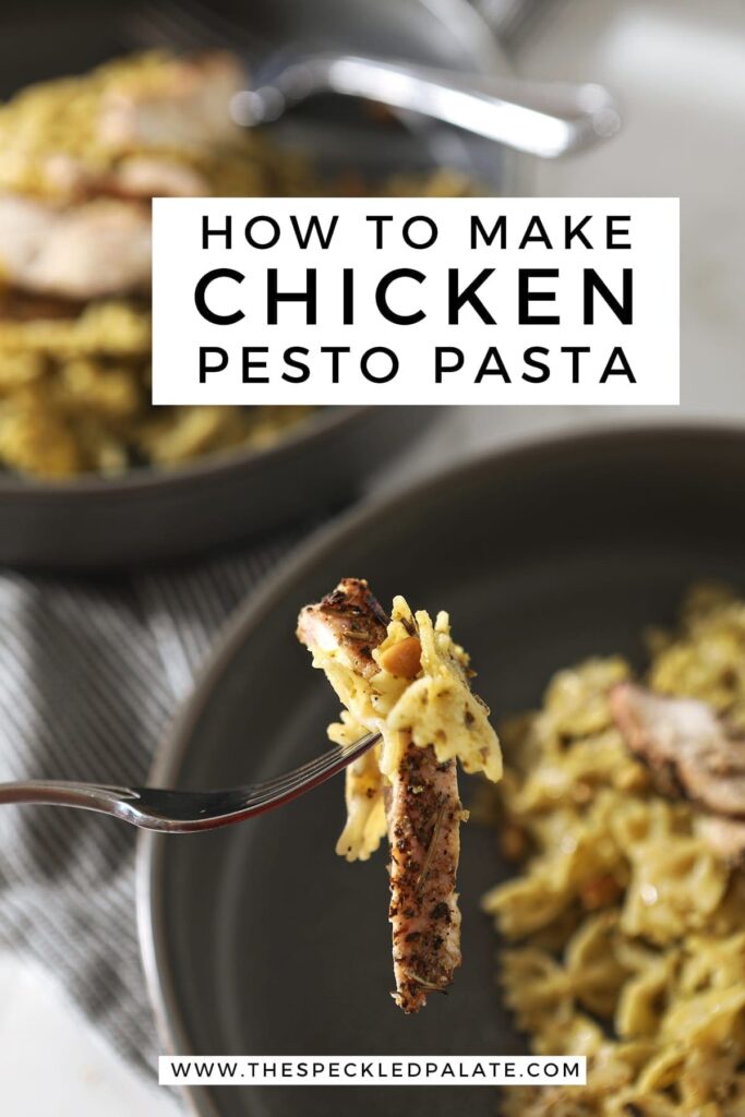 A fork holds a bite of Chicken Pesto Pasta, from above, with Pinterest text