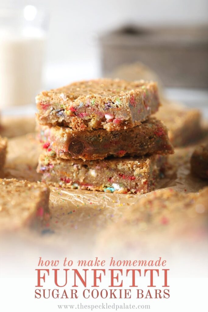 A stack of cookie bars with the text 'How to make homemade Funfetti Sugar Cookie Bars'