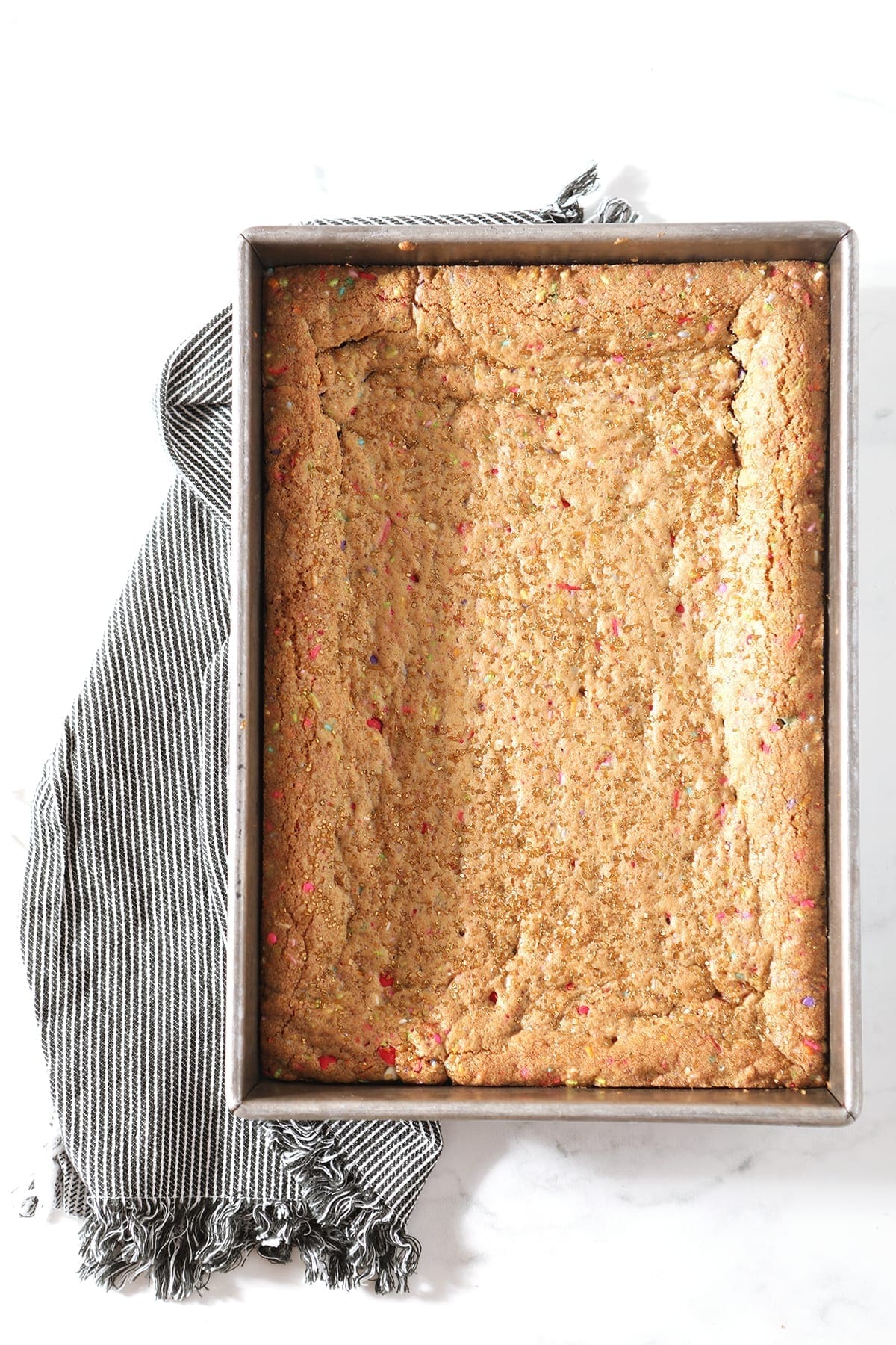 Cookie bars in a baking pan, from above