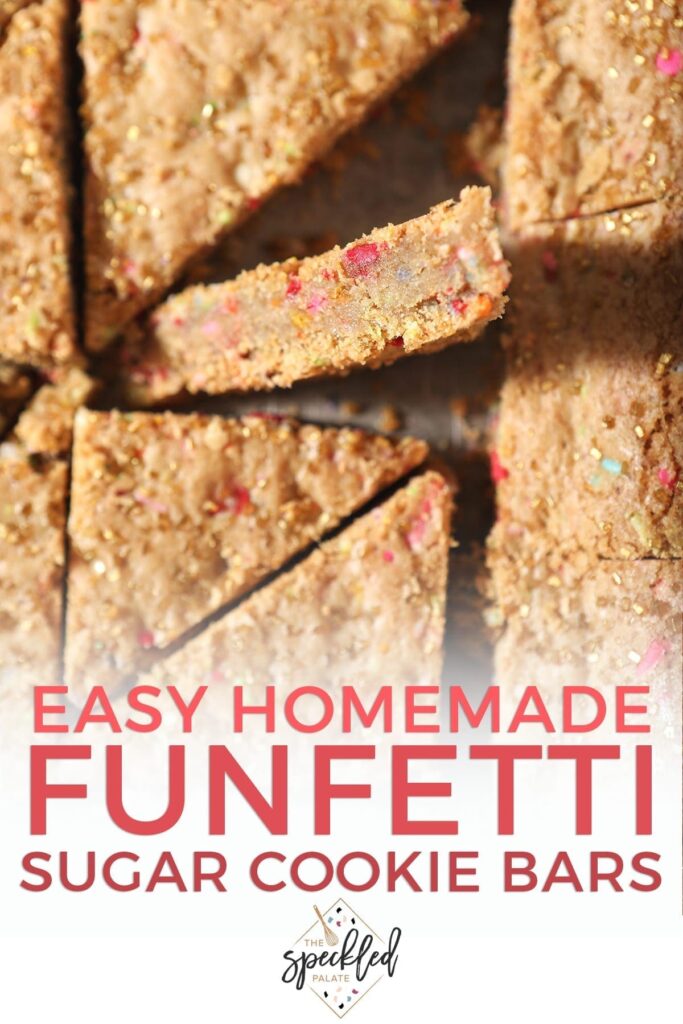 Sliced sugar cookie bars from above with text stating 'Easy Homemade Funfetti Cookie Bars'